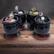 Load image into Gallery viewer, Cauldron candles for intention, color black made of ceramic dressed with herbs and crystals