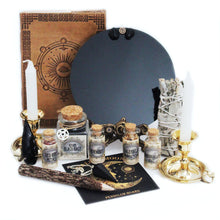 Load image into Gallery viewer, Wicca Black Scrying Mirror Kit | Black Mirror for Scrying w Black Salt Wicca Herbs + Book of Shadows | Scrying Tools