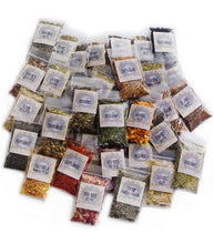 Load image into Gallery viewer, Witchcraft Herbs Kit with 50 Witch Herbs and Herb grinder plus Vintage Spoon. Wiccan Herbs and Flowers