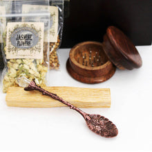 Load image into Gallery viewer, Witchcraft Herbs Kit with 50 Witch Herbs and Herb grinder plus Vintage Spoon. Wiccan Herbs and Flowers