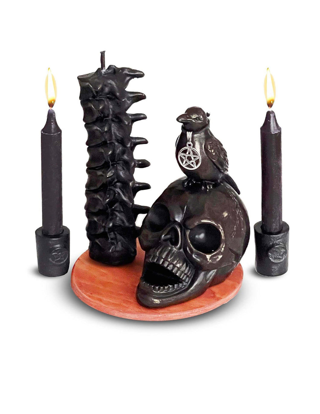 Witchcraft Kit of Skull Candle with Crow & Spine Candles - Gothic Decor - Altar Supplies
