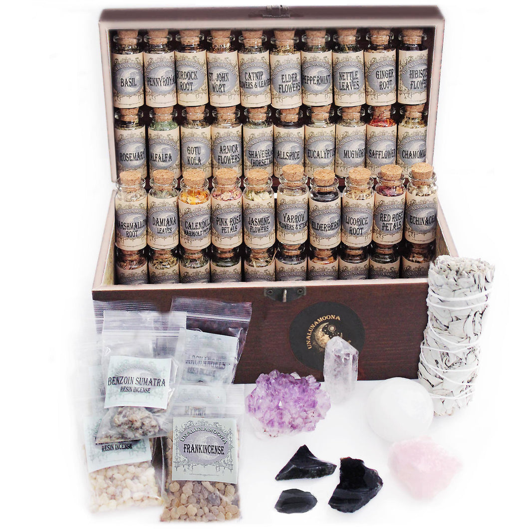 witchcraft kit with witch herbs and supplies, witchcraft crystals and herbal incense for wiccan wicca witches norse hoodoo and voodoo