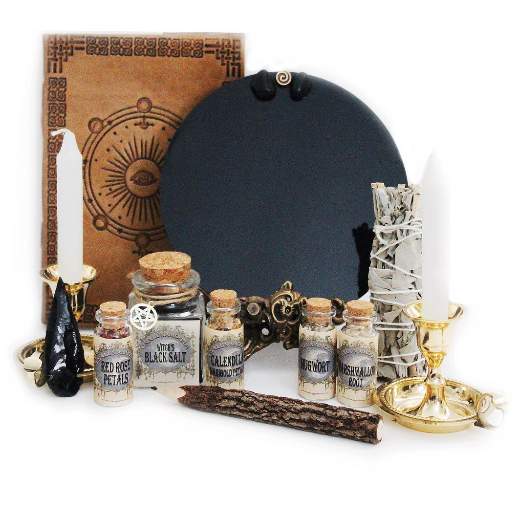witchcraft kit with scruing dowsing mirror wiccan herbs book of shadows pagan occultism witch kit