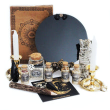 Load image into Gallery viewer, Wicca Black Scrying Mirror Kit | Black Mirror for Scrying w Black Salt Wicca Herbs + Book of Shadows | Scrying Tools
