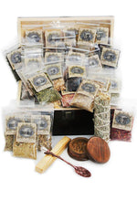 Load image into Gallery viewer, Witchcraft Herbs Kit with 50 Witch Herbs and Herb grinder plus Vintage Spoon. Wiccan Herbs and Flowers
