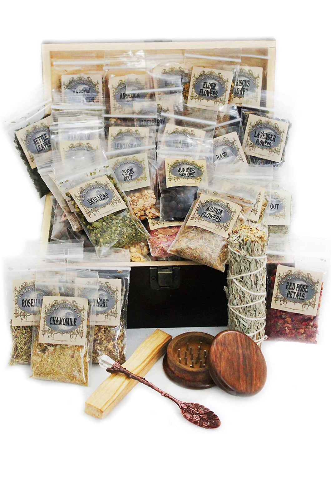 Witchcraft Herbs Kit with 50 Witch Herbs and Herb grinder plus Vintage Spoon. Wiccan Herbs and Flowers